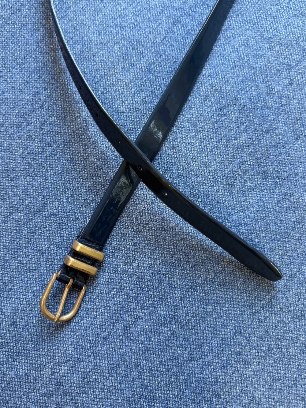 J. Crew Navy Patent Leather Belt with Gold Buckle
